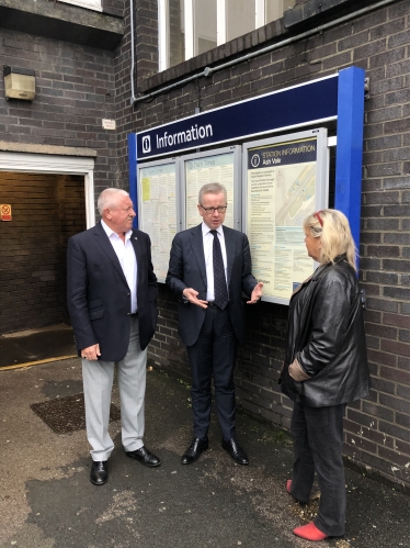 Michael Gove, Cllr Nigel Manning and Cllr Marsha Moseley at Ash Vale station